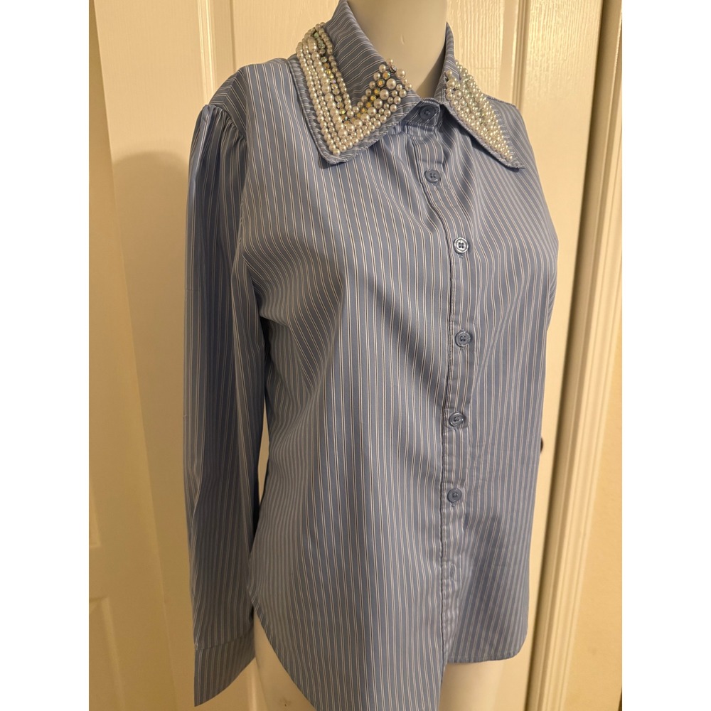 RNWY Blue Pinstripe Pearl Rhinestone Embellished Collar Button Down Shirt S